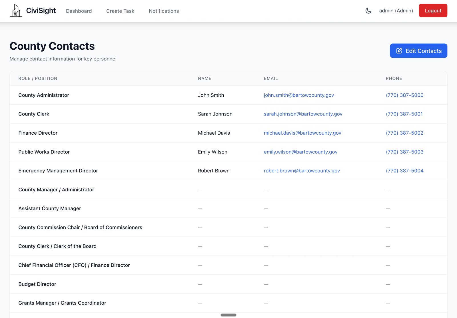 County onboarding and contacts